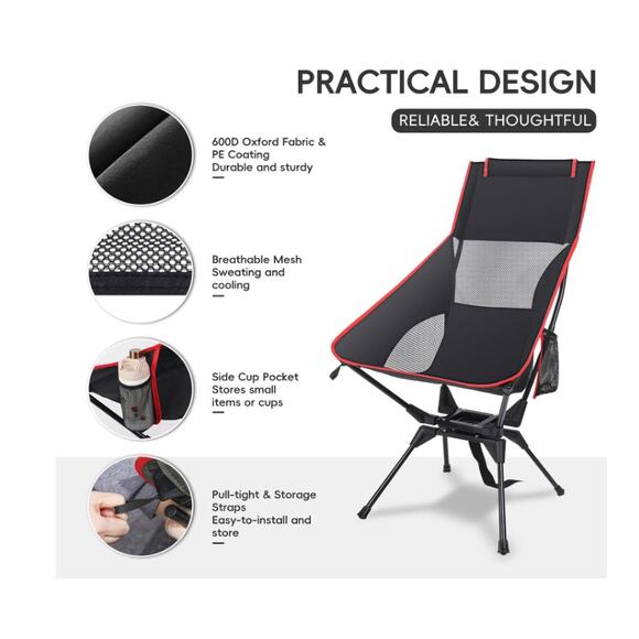 Swivel Camp Chair, High Back Folding Head Support, Side Cup Pocket, 300 lb max - Picture 6 of 8